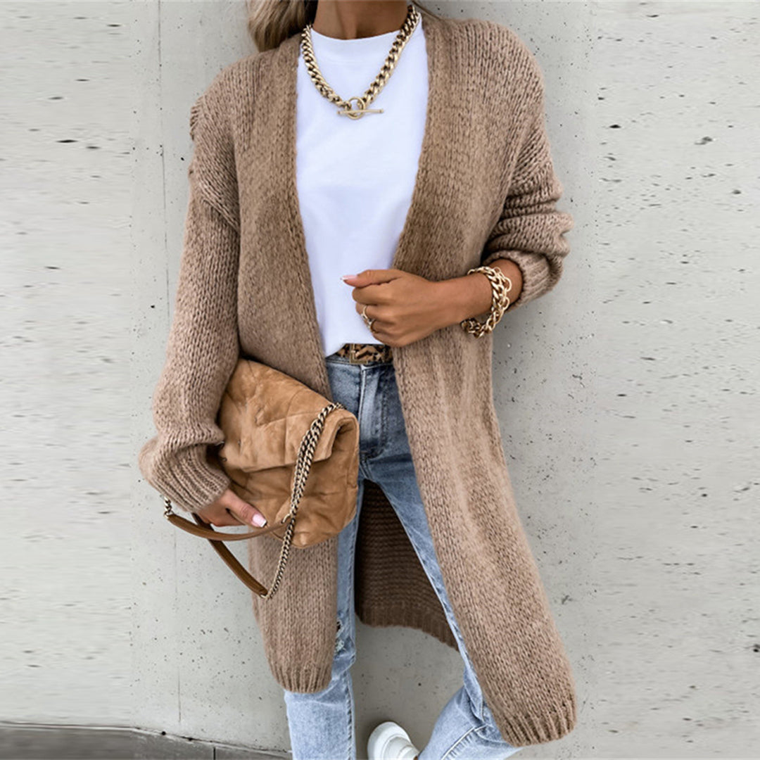 WW | Damen Langer Cardigan mit Langen Ärmeln und Offener Vorderseite