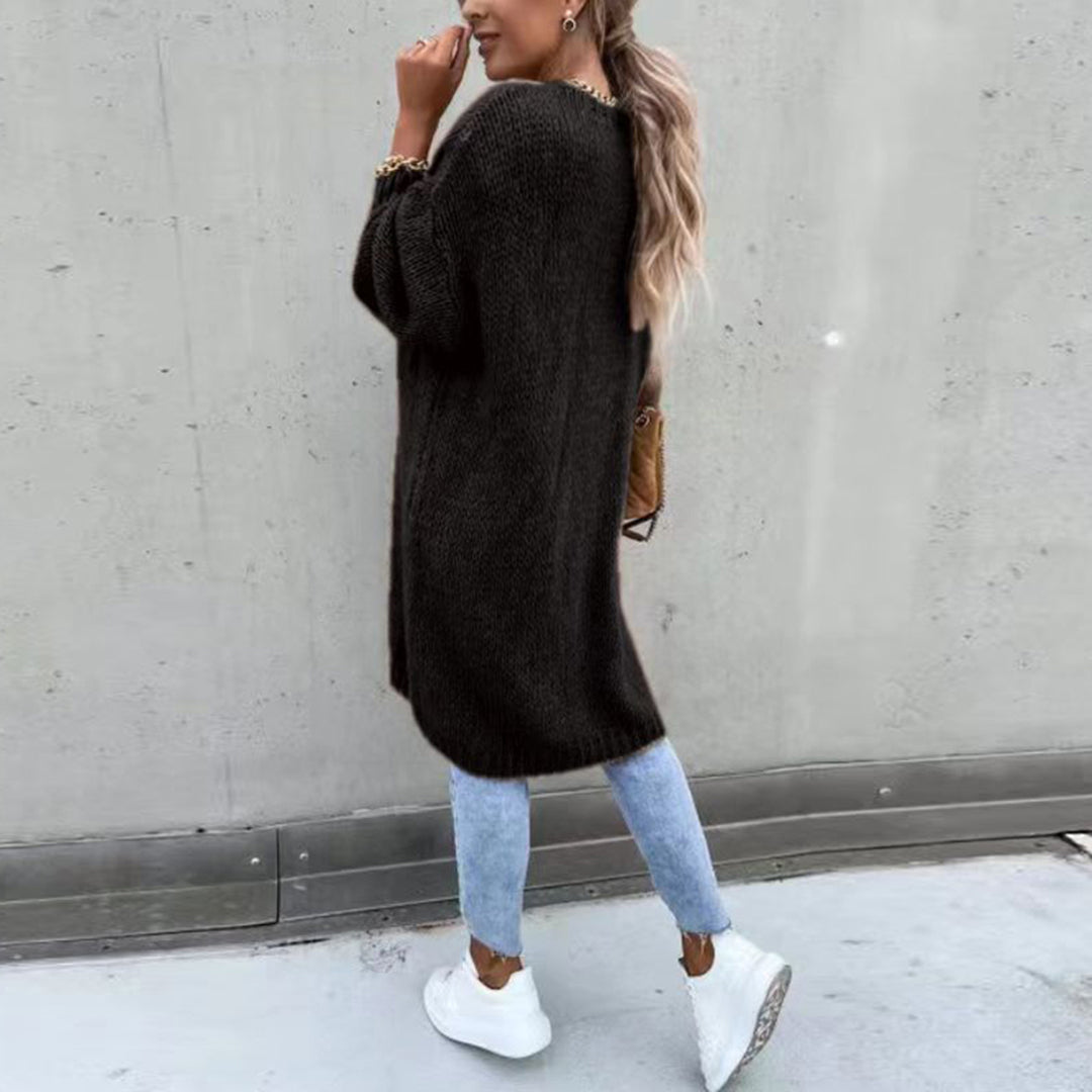 WW | Damen Langer Cardigan mit Langen Ärmeln und Offener Vorderseite
