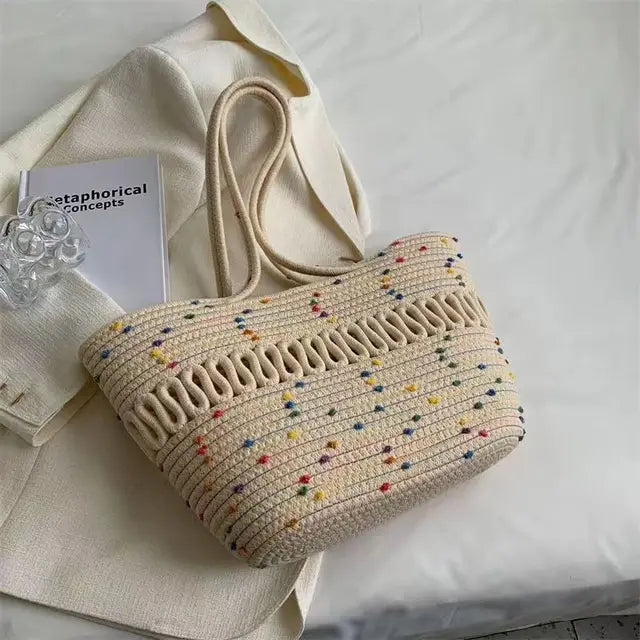 WW - Women's shoulder bag with large capacity, handcrafted from knit-kit fabric and straw