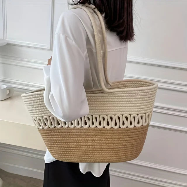 WW - Women's shoulder bag with large capacity, handcrafted from knit-kit fabric and straw