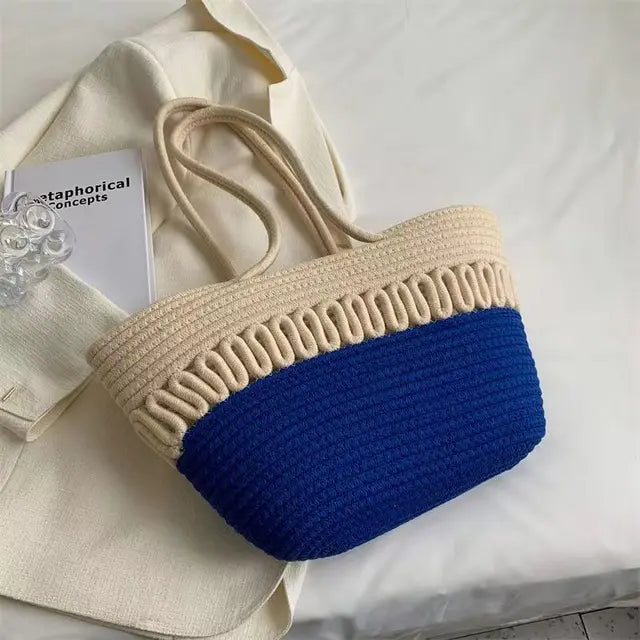 WW - Women's shoulder bag with large capacity, handcrafted from knit-kit fabric and straw