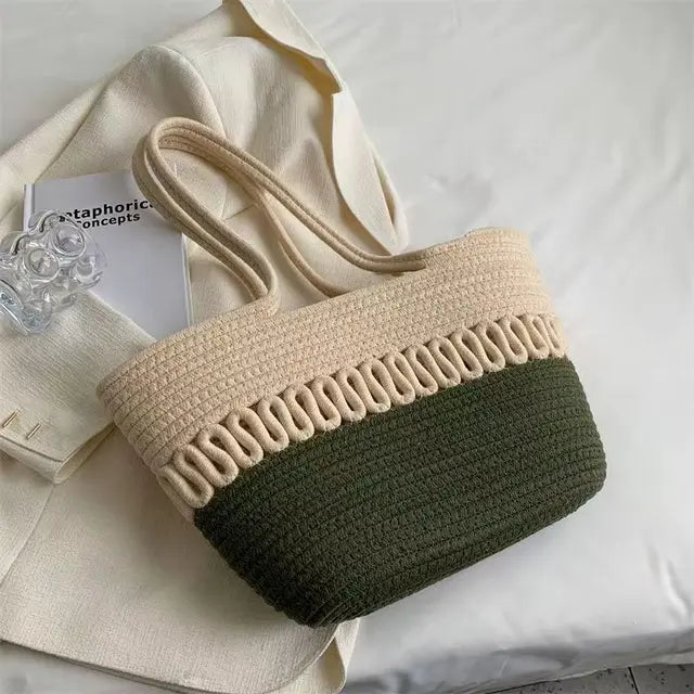 WW - Women's shoulder bag with large capacity, handcrafted from knit-kit fabric and straw