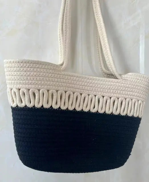 WW - Women's shoulder bag with large capacity, handcrafted from knit-kit fabric and straw