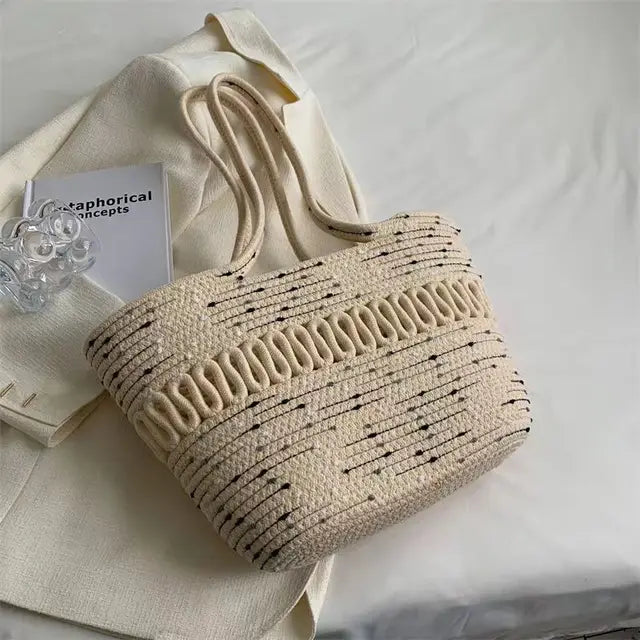 WW - Women's shoulder bag with large capacity, handcrafted from knit-kit fabric and straw