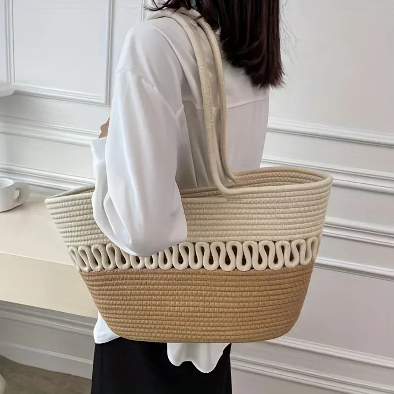 WW - Women's shoulder bag with large capacity, handcrafted from knit-kit fabric and straw