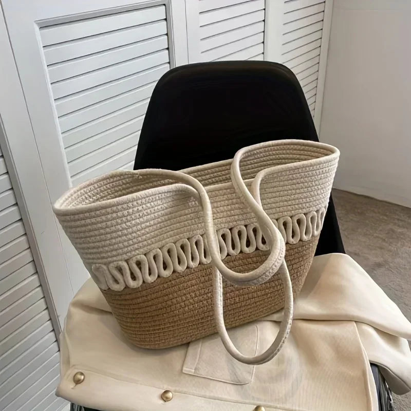 WW - Women's shoulder bag with large capacity, handcrafted from knit-kit fabric and straw