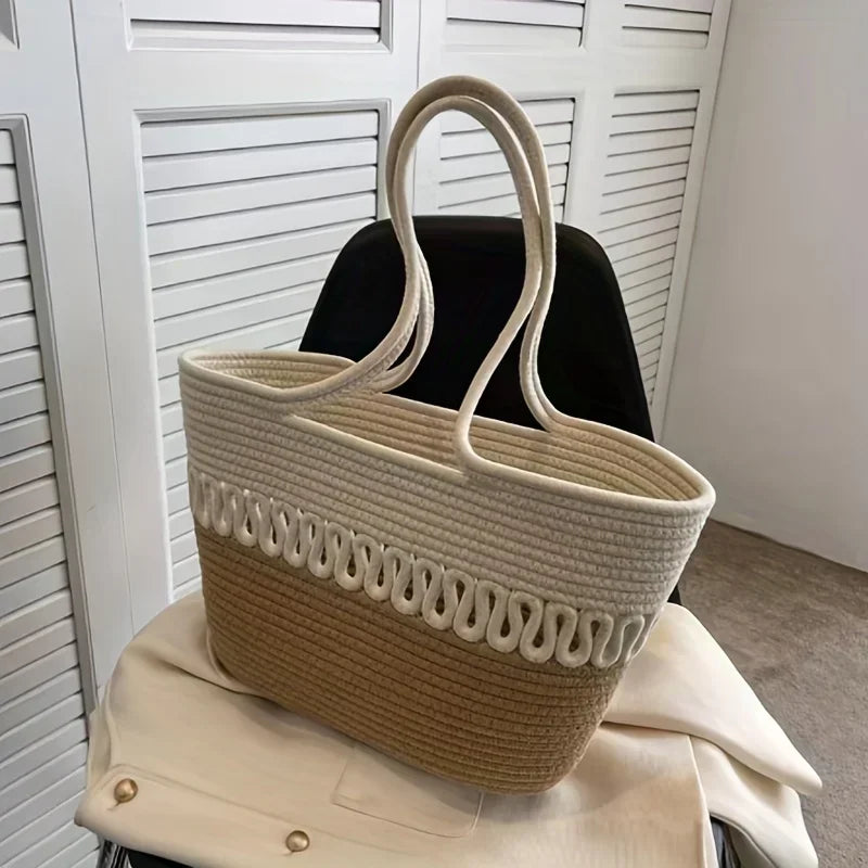 WW - Women's shoulder bag with large capacity, handcrafted from knit-kit fabric and straw