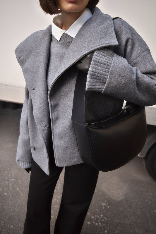 WW | Damen Kurze Oversized Winterjacke mit Reverskragen und Doppelt Knopfrei