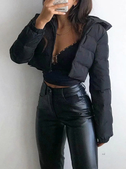 WW | Damen Kurze Pufferjacke mit Kapuze und Reißverschluss