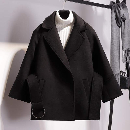 WW | Damen Kurze Woll Winterjacke mit Breitem Gürtel und Reverskragen