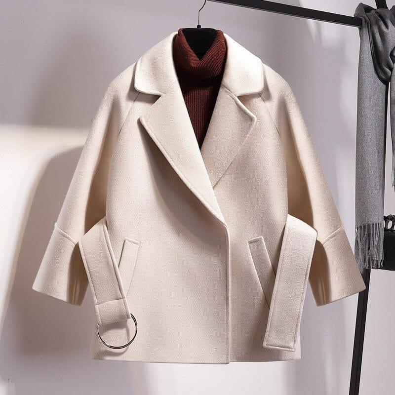WW | Damen Kurze Woll Winterjacke mit Breitem Gürtel und Reverskragen
