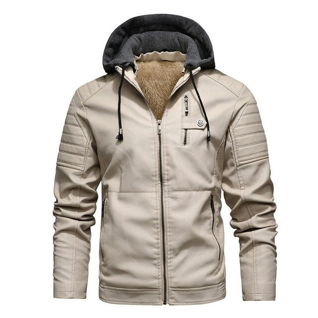 WW | Men's Winter Leather Motorcycle Jacket with Hood - Perfect for Outdoor Activities
