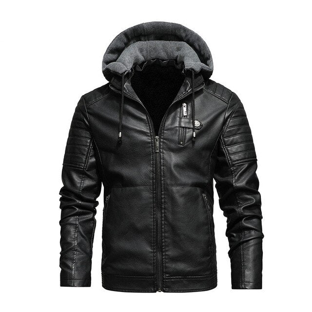 WW | Men's Winter Leather Motorcycle Jacket with Hood - Perfect for Outdoor Activities