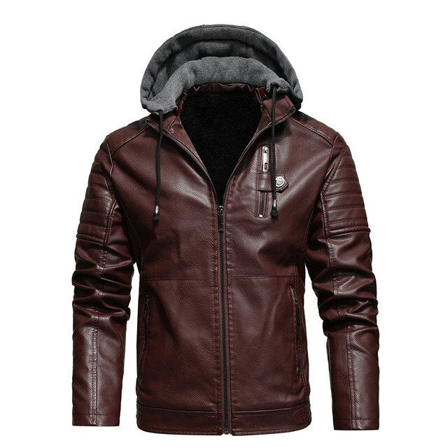 WW | Men's Winter Leather Motorcycle Jacket with Hood - Perfect for Outdoor Activities