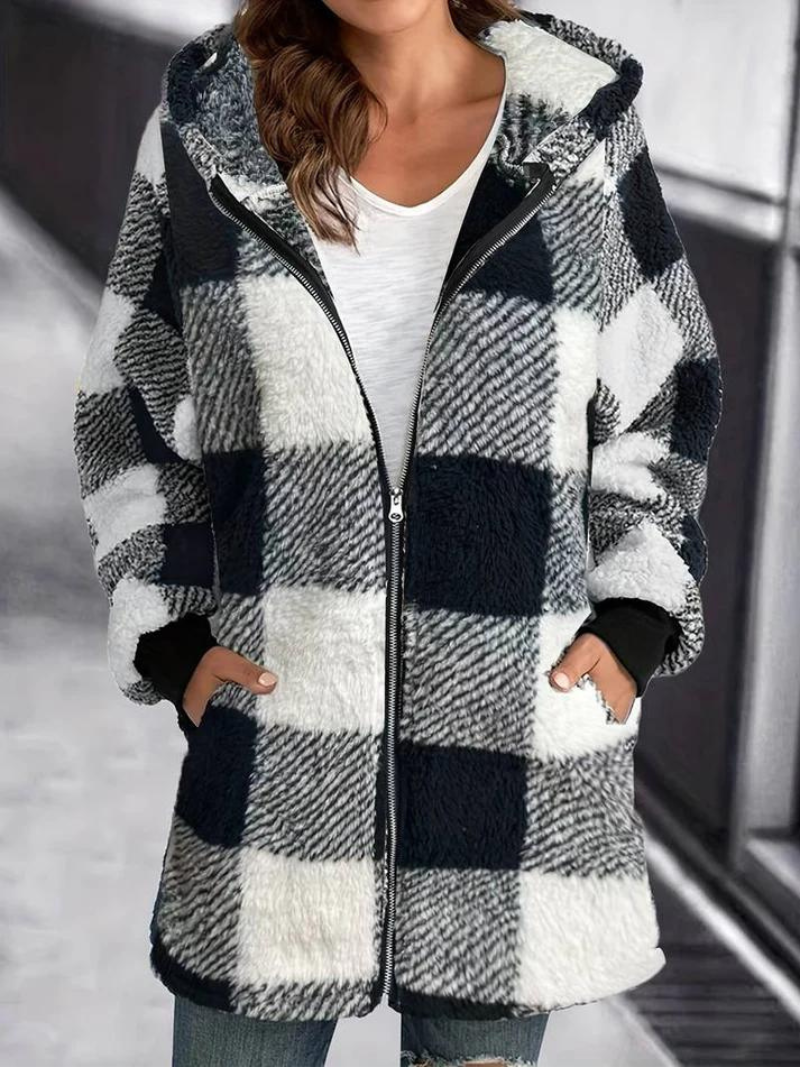 WW | Fluffy Hooded Plaid Coat