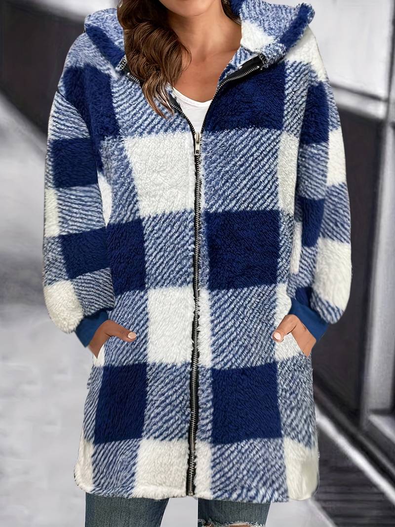 WW | Fluffy Hooded Plaid Coat