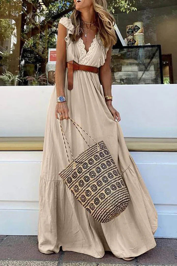 Blanca - Lace Maxi Dress with V-Neck and Ruffle