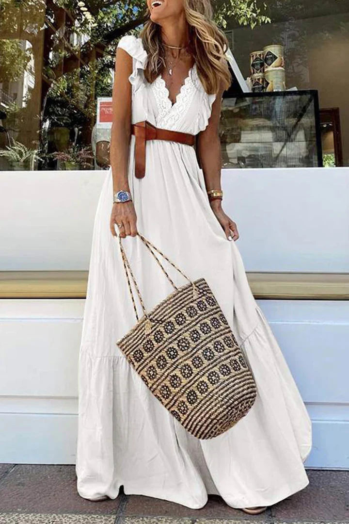 Blanca - Lace Maxi Dress with V-Neck and Ruffle