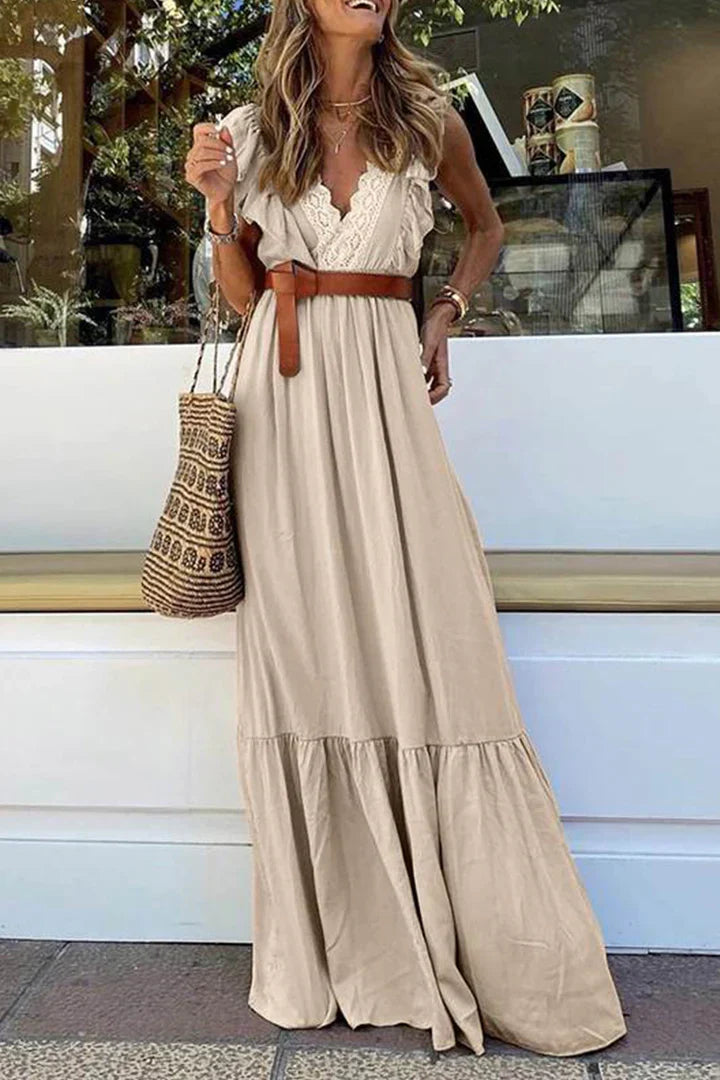 Blanca - Lace Maxi Dress with V-Neck and Ruffle