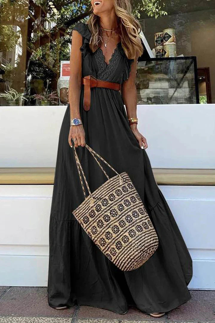 Blanca - Lace Maxi Dress with V-Neck and Ruffle