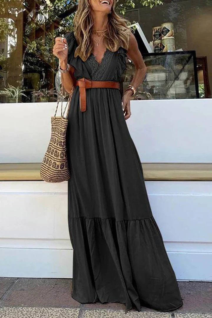 Blanca - Lace Maxi Dress with V-Neck and Ruffle
