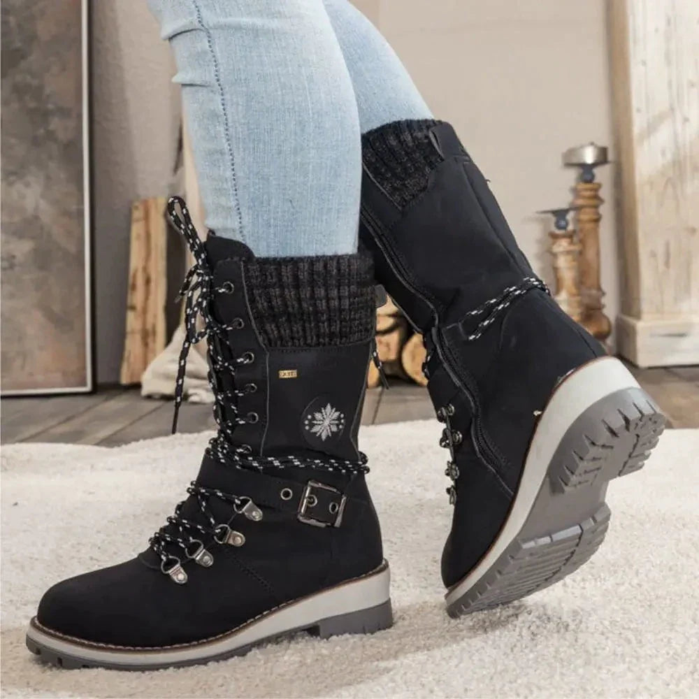 WW | Women's Black Winter Lace-Up Boots – Stylish Warm Boots with Knitted Cuff and Non-Slip Sole