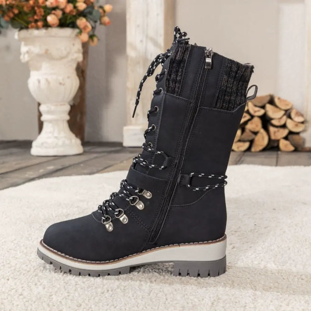 WW | Women's Black Winter Lace-Up Boots – Stylish Warm Boots with Knitted Cuff and Non-Slip Sole