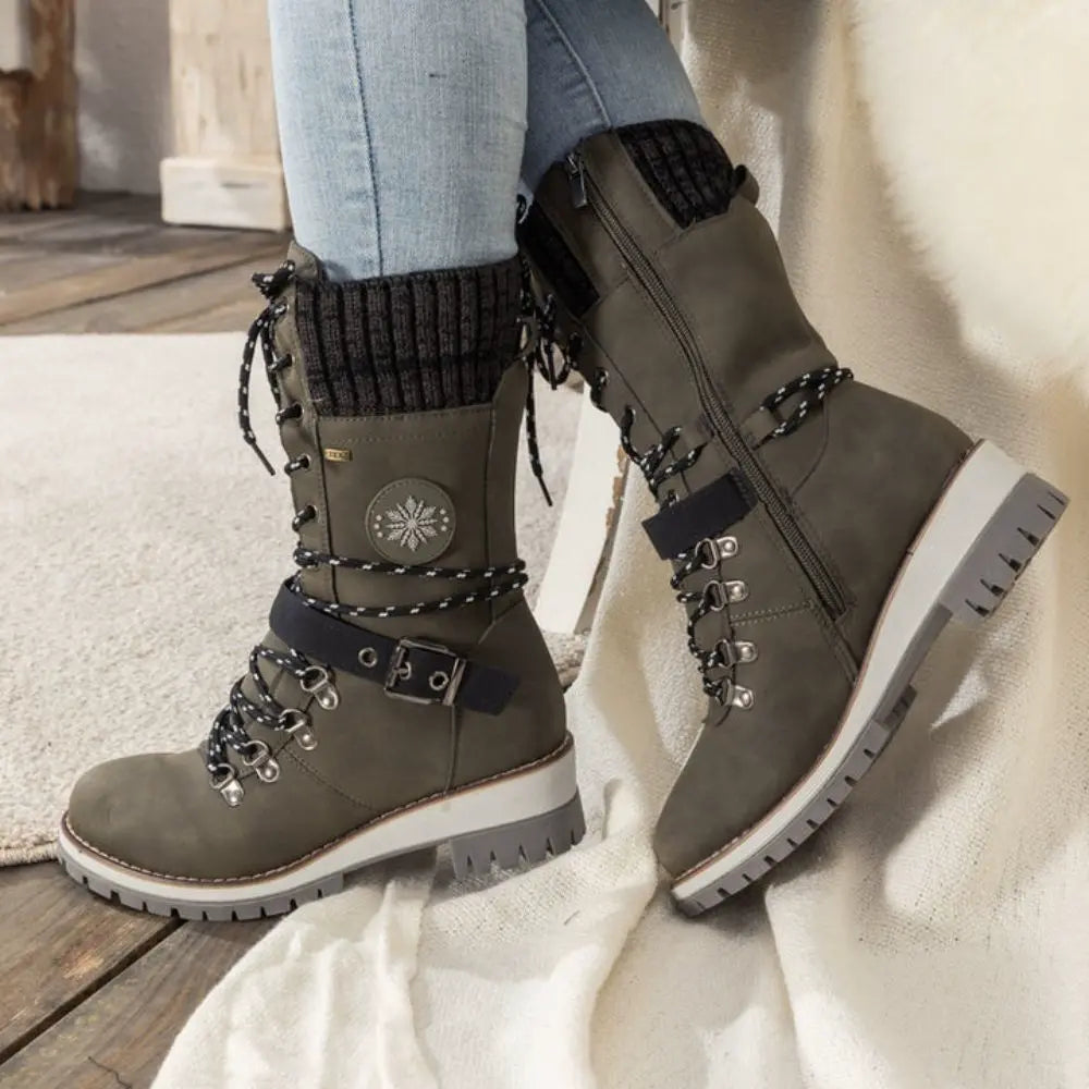 WW | Women's Black Winter Lace-Up Boots – Stylish Warm Boots with Knitted Cuff and Non-Slip Sole