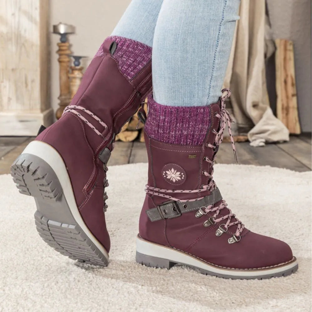 WW | Women's Black Winter Lace-Up Boots – Stylish Warm Boots with Knitted Cuff and Non-Slip Sole