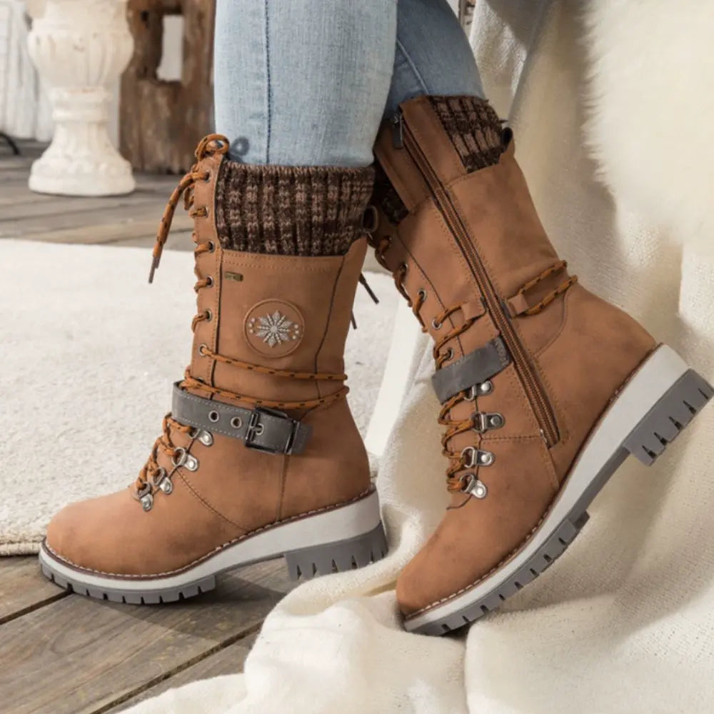 WW | Women's Black Winter Lace-Up Boots – Stylish Warm Boots with Knitted Cuff and Non-Slip Sole