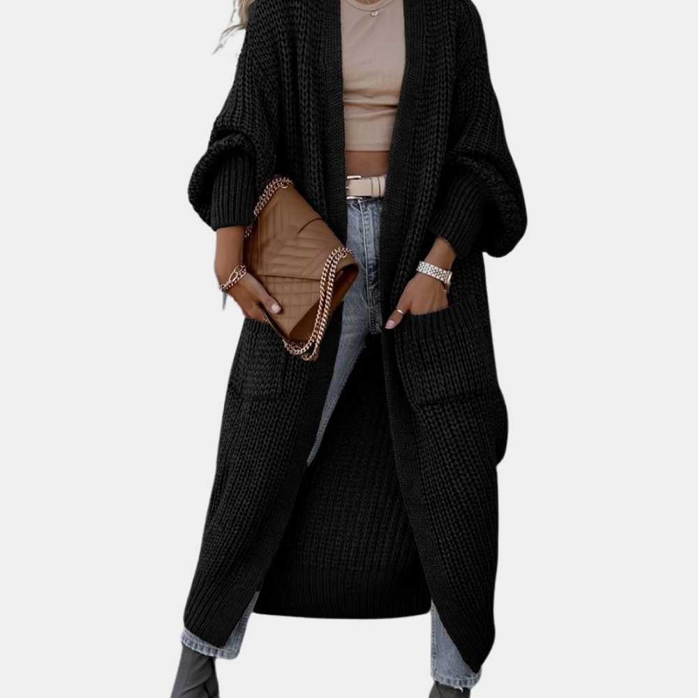 WW | Damen Lange Gestrickte Cardigan mit Taschen und Langen Ärmeln
