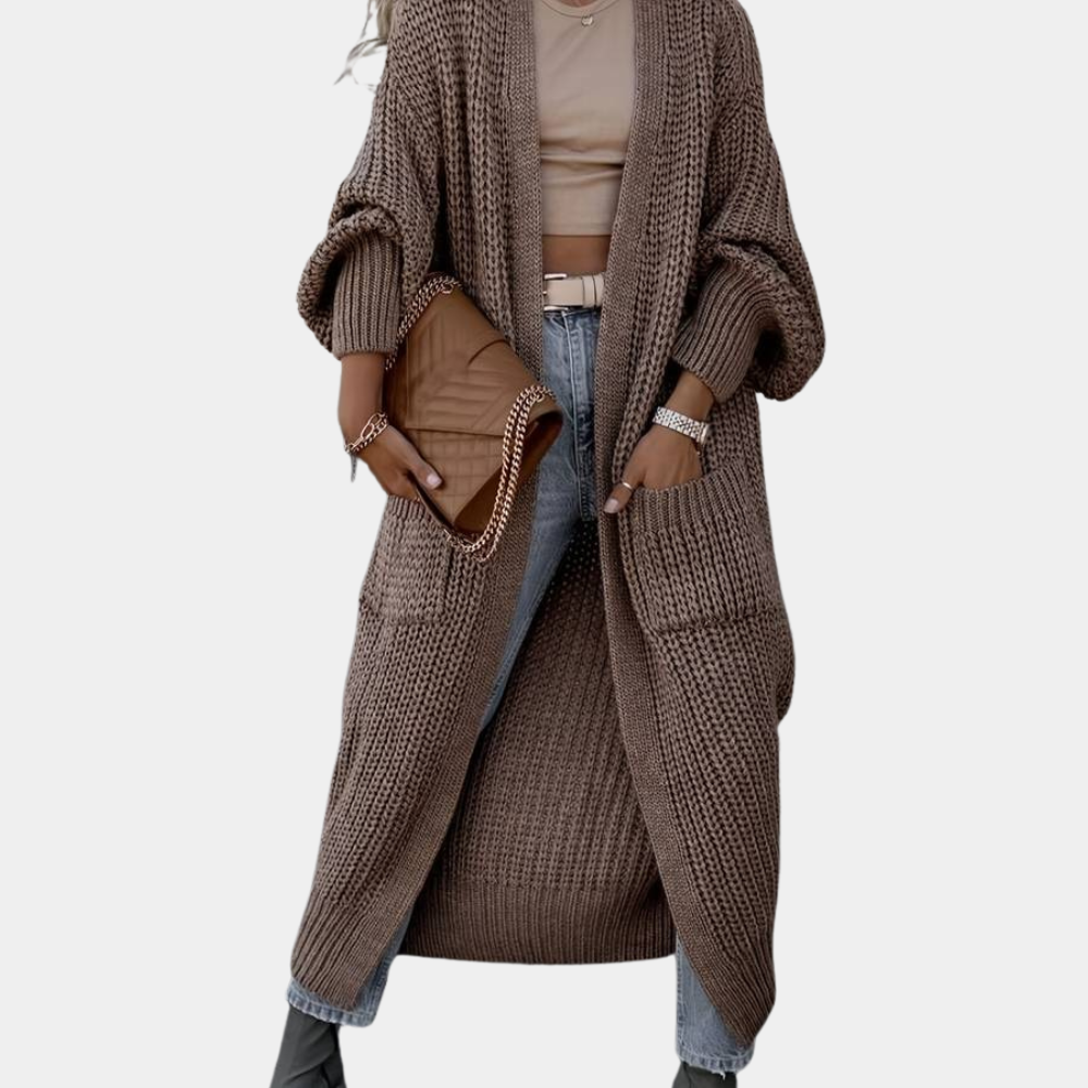 WW | Damen Lange Gestrickte Cardigan mit Taschen und Langen Ärmeln