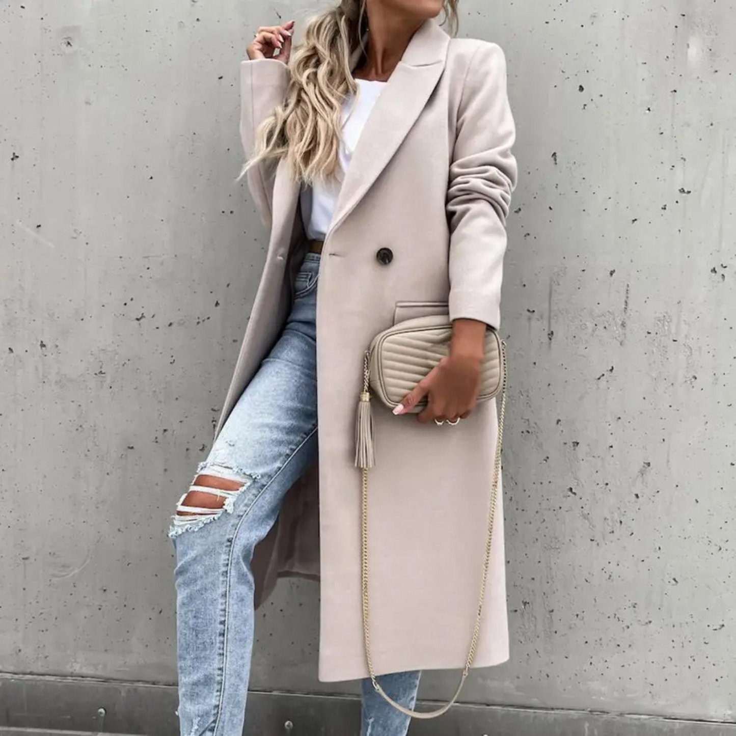 WW | Coat Wool Shearling Winter Trench Coat with Button Closure for Women