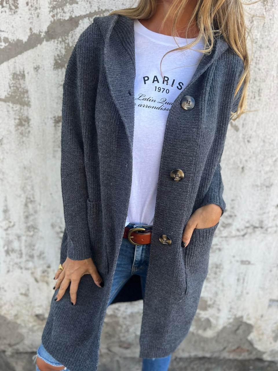 WW | Strickjacke Damenjacke mit Kapuze, Knopfleiste und Taschen