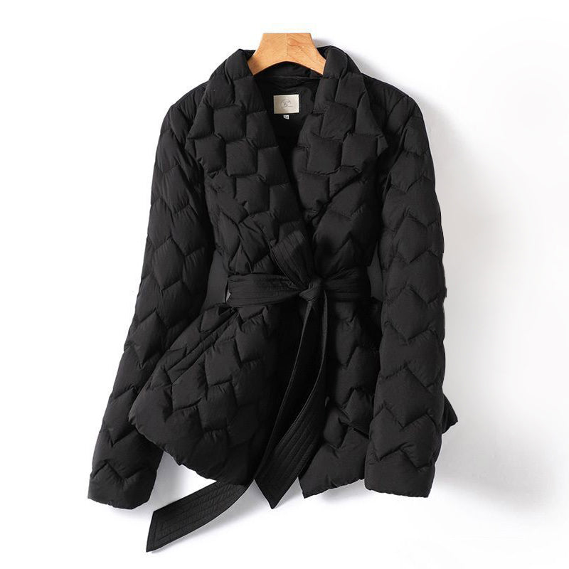 WW | Damen Luxe Gepolsterter Wintermantel mit Gürtel und Reverskragen