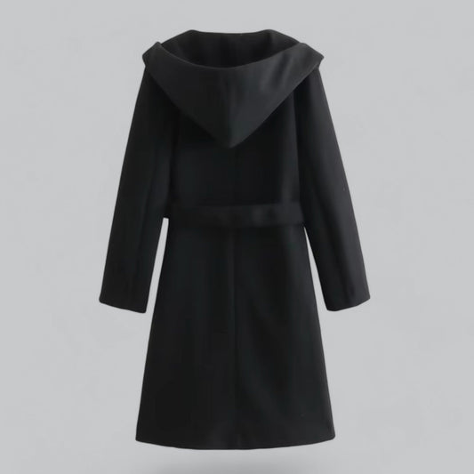 WW | Damen Woll Winterjacke mit Kapuze und Gürtel im knielangen Stil
