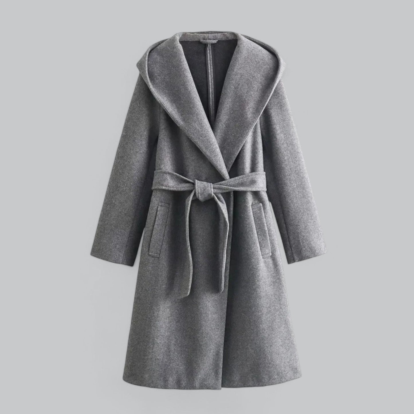 WW | Damen Woll Winterjacke mit Kapuze und Gürtel im knielangen Stil