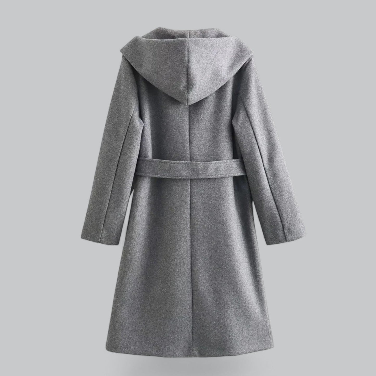WW | Damen Woll Winterjacke mit Kapuze und Gürtel im knielangen Stil
