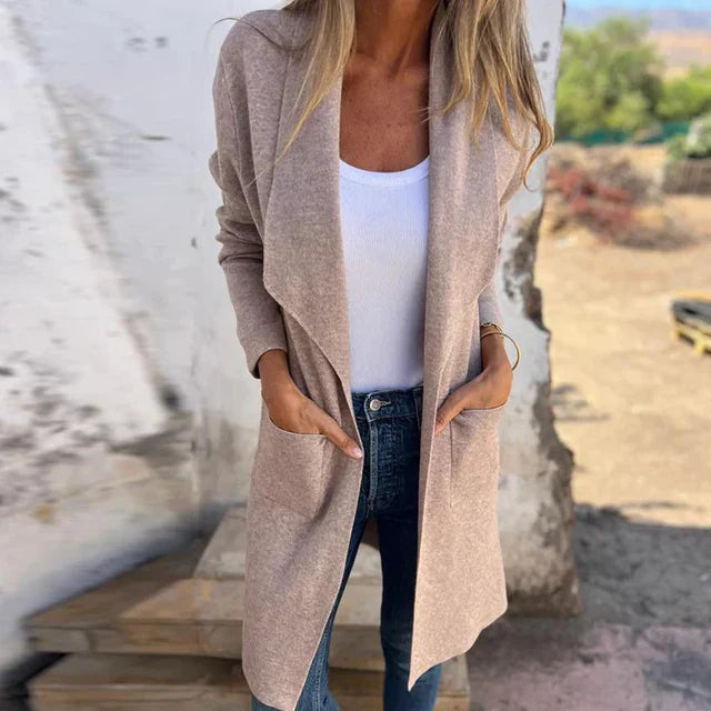 WW | Damen Lange Elegante Jacke mit Offener Vorderseite und Taschen