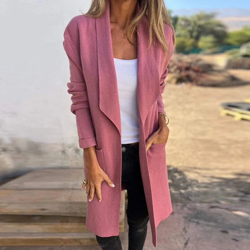 WW | Damen Lange Elegante Jacke mit Offener Vorderseite und Taschen