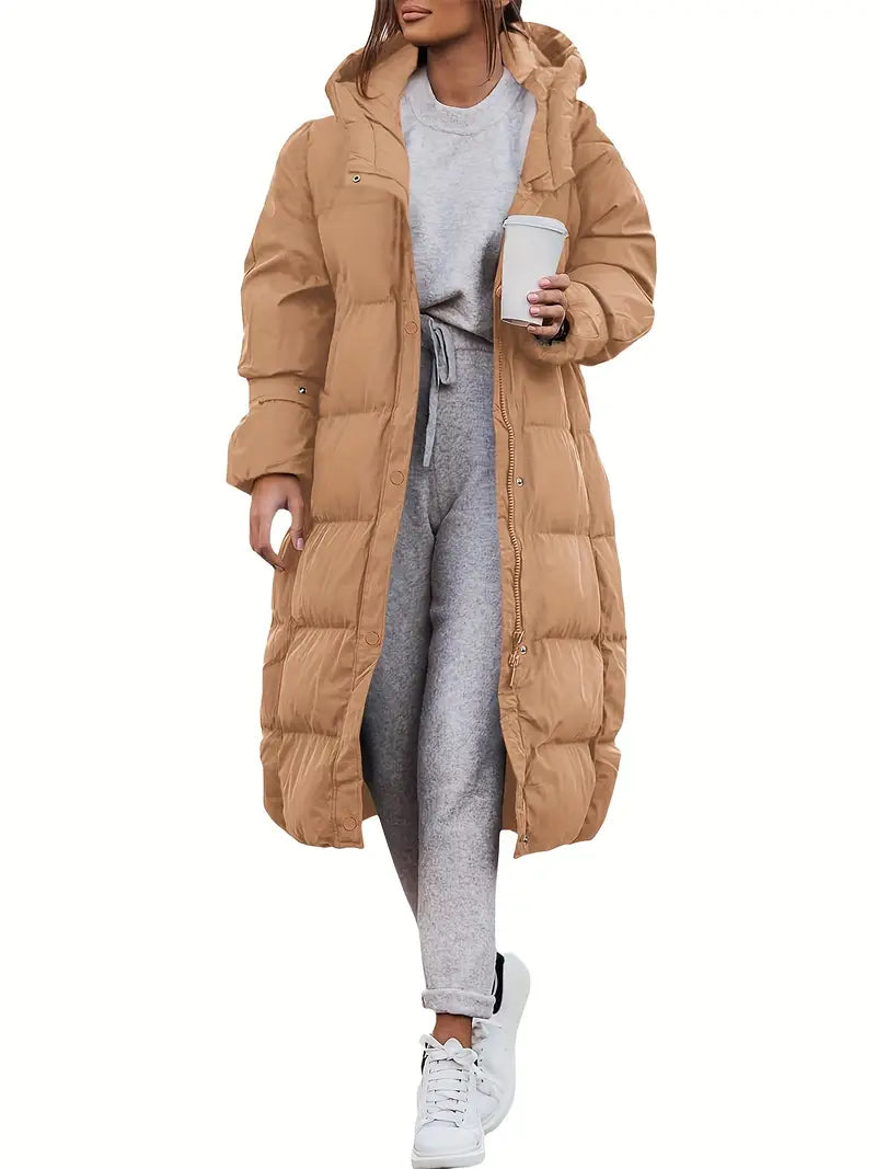 WW | Damen Lange Pufferjacke mit Kapuze und Warm Gefüttertem Innenraum