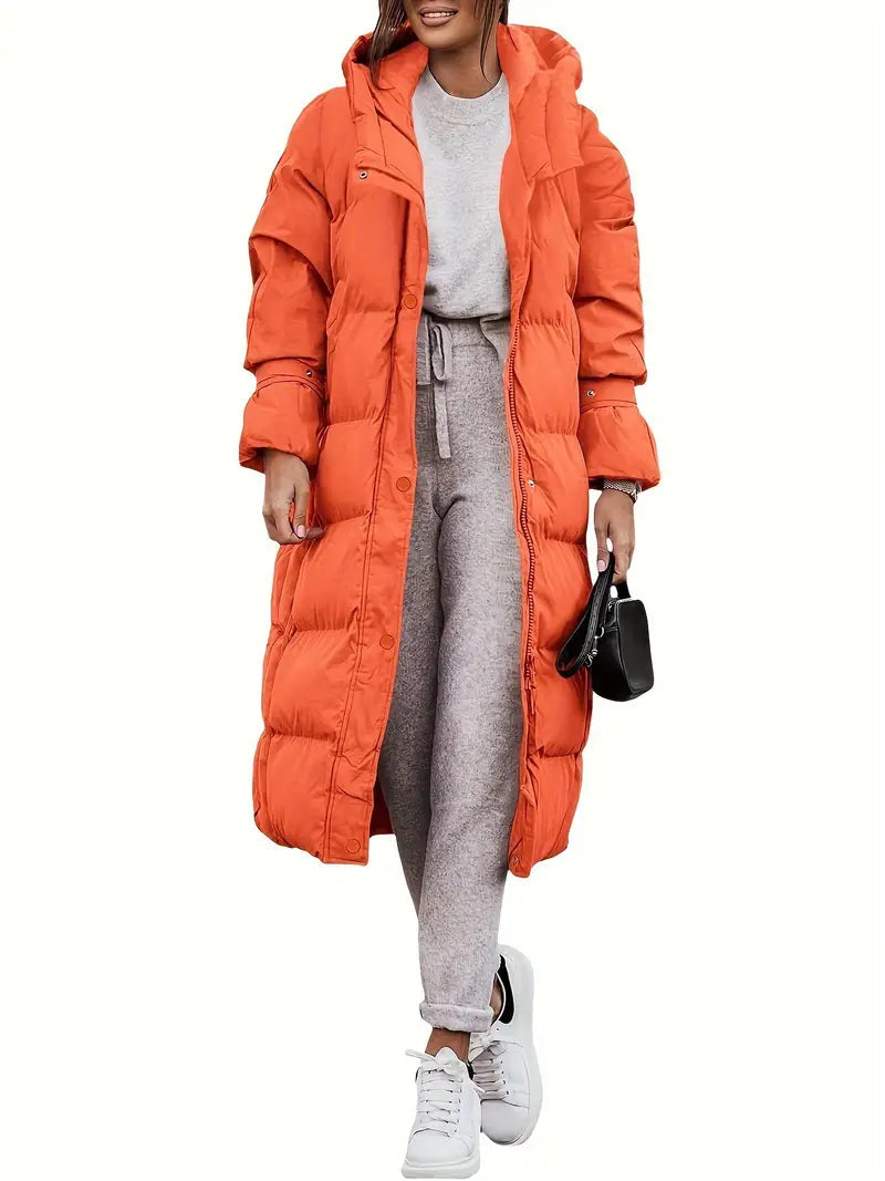 WW | Damen Lange Pufferjacke mit Kapuze und Warm Gefüttertem Innenraum