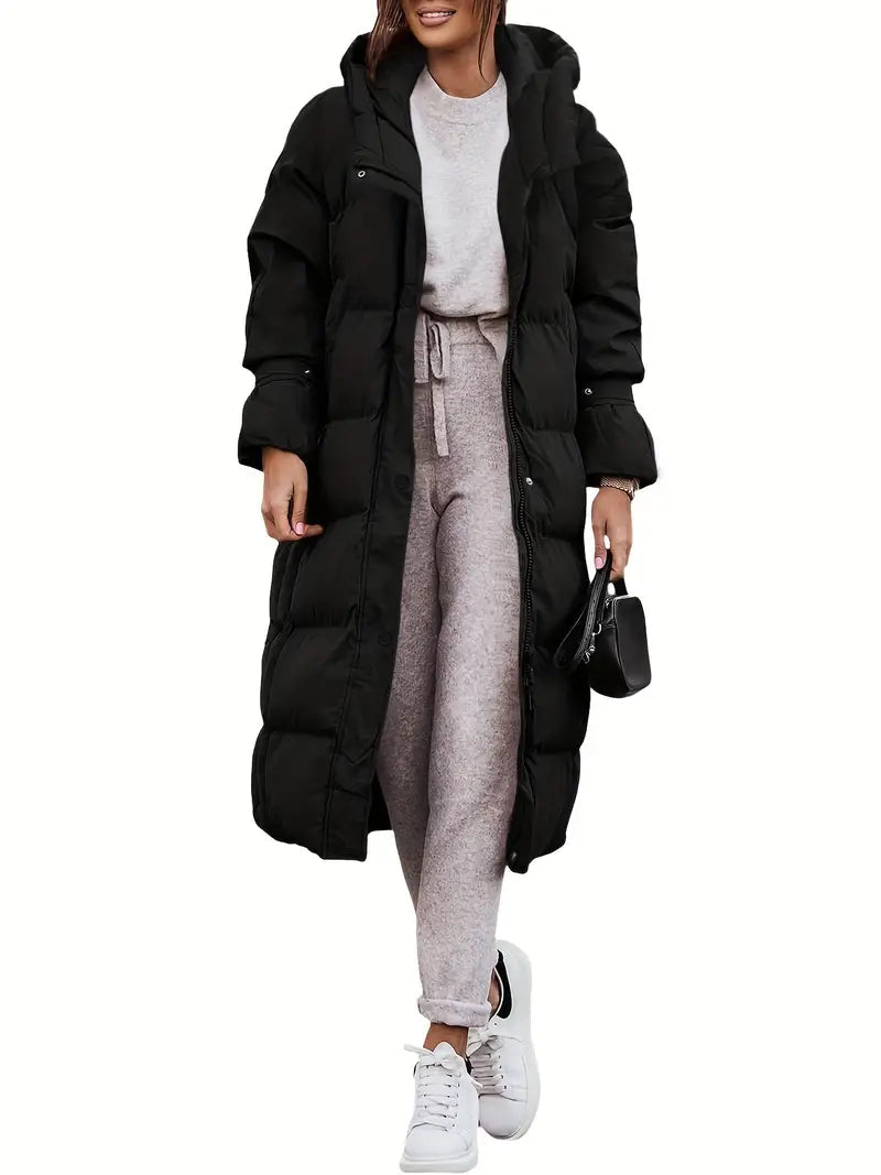 WW | Damen Lange Pufferjacke mit Kapuze und Warm Gefüttertem Innenraum