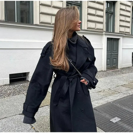 WW | Damen Oversized Woll Winterjacke Lang mit Reverskragen
