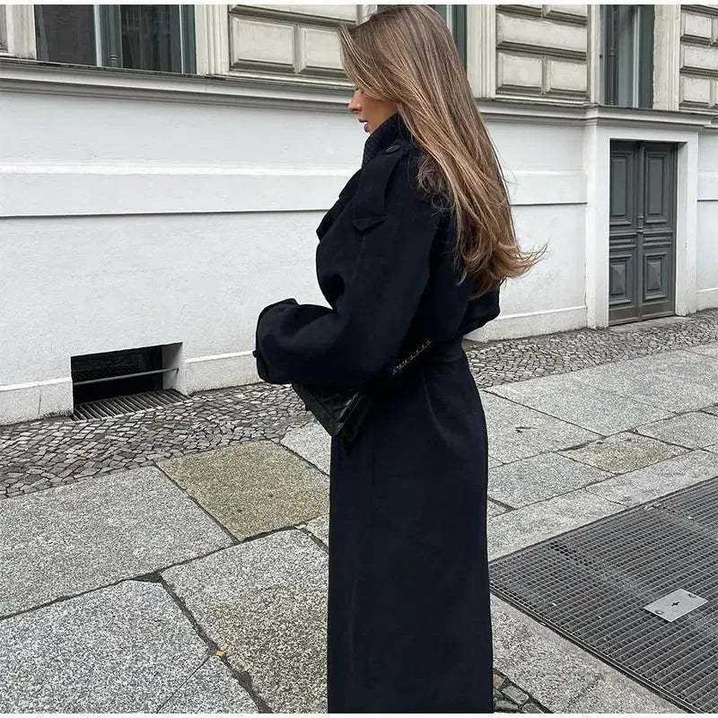WW | Damen Oversized Woll Winterjacke Lang mit Reverskragen