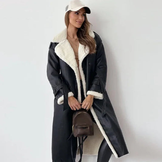 WW | Damen Langer Teddy Trenchcoat mit Reverskragen und Gürtel