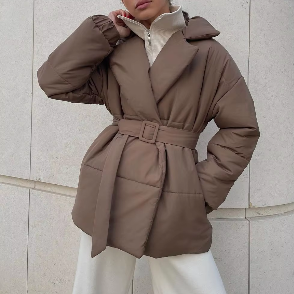 WW | Damen Wattierte Winterjacke mit Gürtel und Langen Ärmeln
