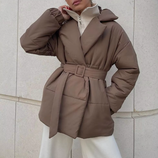 WW | Damen Wattierte Winterjacke mit Gürtel und Langen Ärmeln
