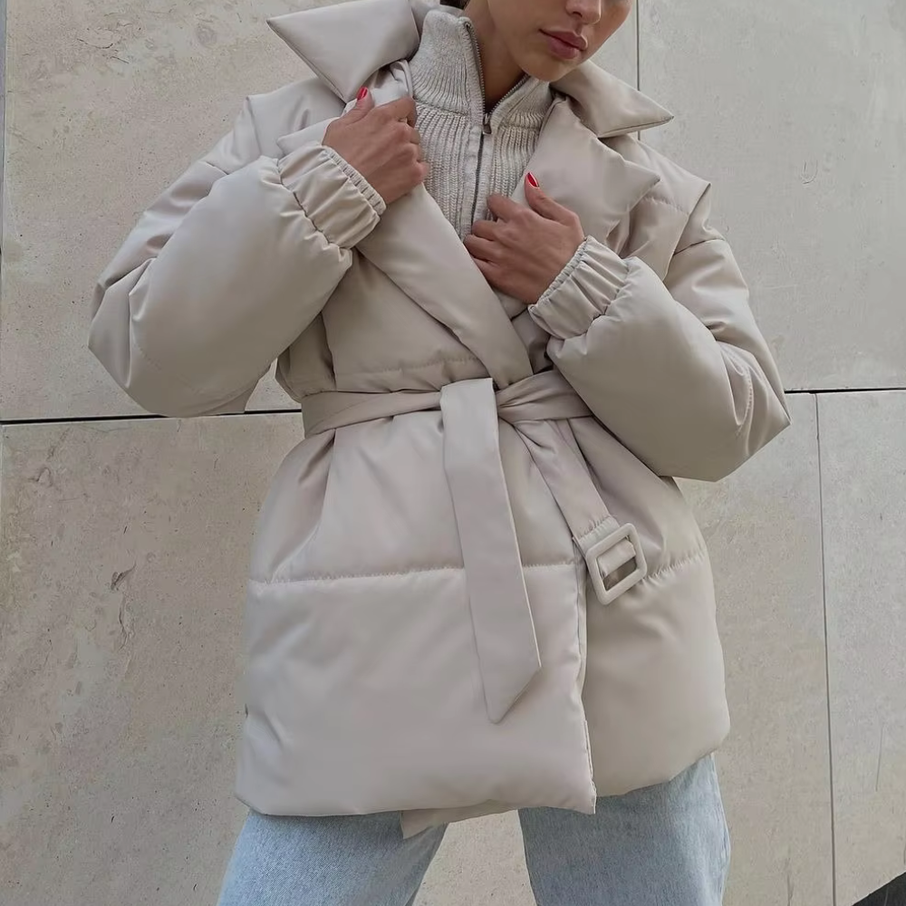 WW | Damen Wattierte Winterjacke mit Gürtel und Langen Ärmeln