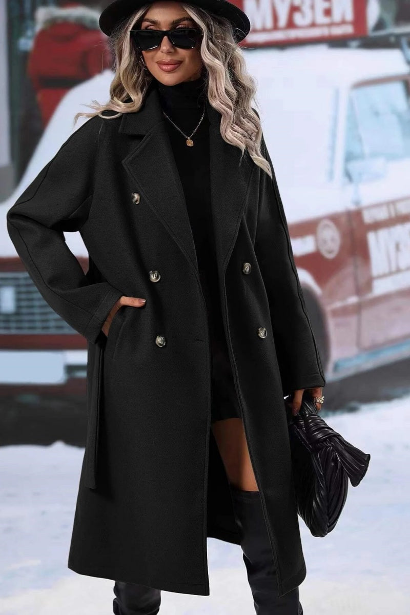 WW | Damen Langer Wolltrenchcoat mit Doppelter Knopfleiste und Reverskragen